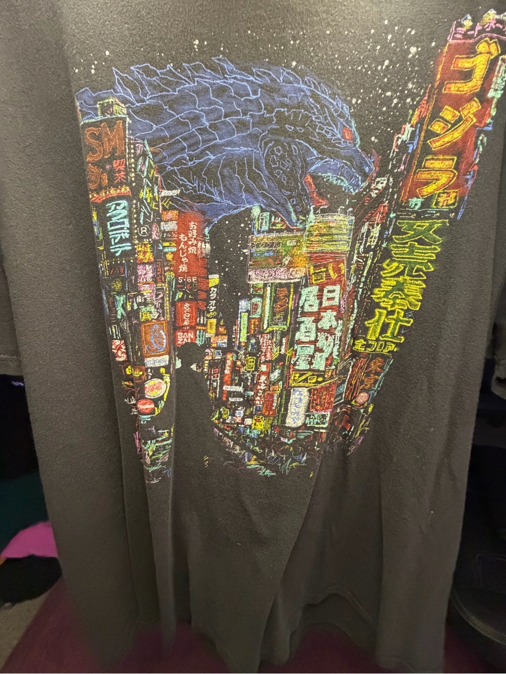 Threadless Black Tee with Neon Godzilla Cityscape